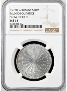 Germany 10 Mark 1972 D NGC MS64 UNC Silver Munich Olympics - Picture 1 of 4