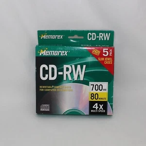 Paquete de 5 CDs Memorex 700 MB CD-RW 80 minutos 4x múltiples velocidades 5 estuches delgados joya - Imagen 1 de 8