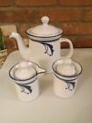 DANSK 8.25" "FLORA" Bayberry Blue & White Coffee/Teapot With Matching Creamer &