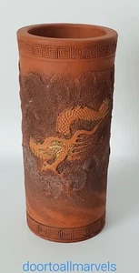 Vintage Chinese Red Clay Yixing Zisha Brush Pot Dragon & Gilding 6.25"H Marked - Picture 1 of 10