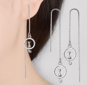 925 Sterling Silver Plated Threader Earrings Cat Hanging Tail Round Circle C9 - Picture 1 of 3