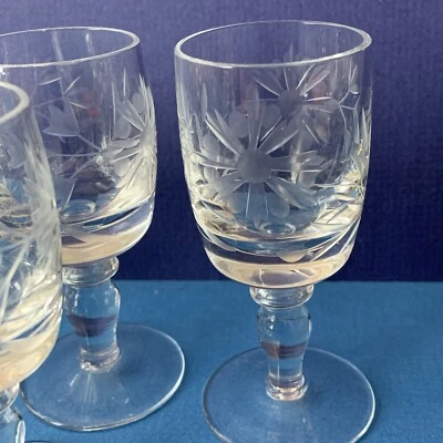 5 Vintage Liqueur Cordial Shot Glasses Etched Floral Berry Design - Image 1 of 4