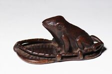 Netsuke Inro Sagemono Edo Era Japanese Antique Wood Carved Frog Rest in Sandal