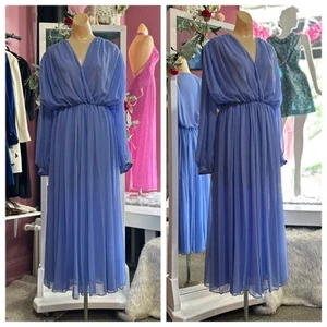 Vintage 70s Hostess Maxi Dress Blue Long Sleeves Sheer Flowy Boho V Neck M - Picture 1 of 10