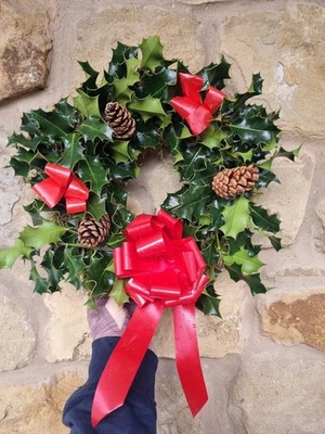 Fresh Holly Wreath Real Moss Based Red Bow Cones Christmas Cemetery Tribute