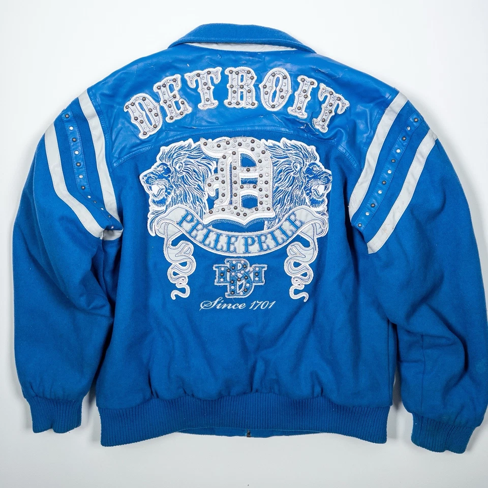 Pelle Pelle Detroit Jacket Men’s XL Blue Wool Leather Trim Studded Worn Vintage - Image 1 of 4