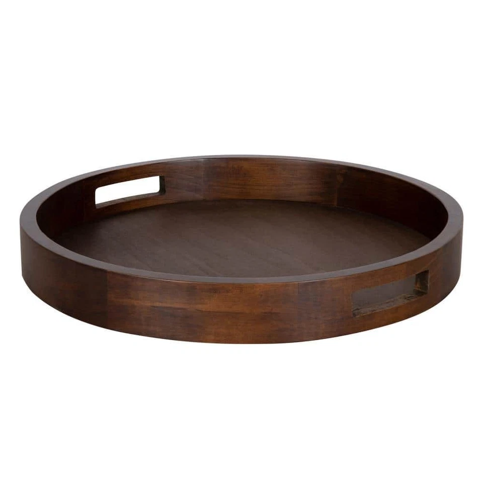 Kate and Laurel Hutton Large Round Wood Tray With Handles Walnut Brown Finish
