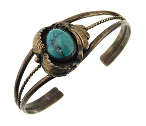 Bracciale in argento sterling 925 turchese e foglia nativi americani non firmato - Foto 1 di 10