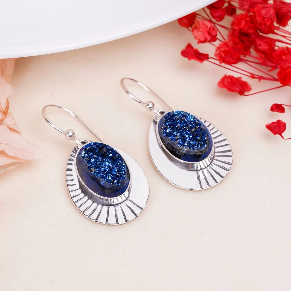 Blue Titanium Agate Drusy 925 Sterling Silver Earring, Christmas Gift E155163 - Image 1 of 4