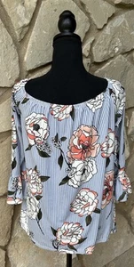 Top tunica Kristin Nicole S/M blu a righe rosa stampa floreale su/fuori spalla CE - Foto 1 di 7