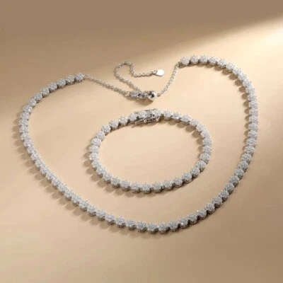 Full Real Moissanite Tennis Necklace Bracelet 18k Whtie Gold Plated Jewelry Set - Image 1 of 4