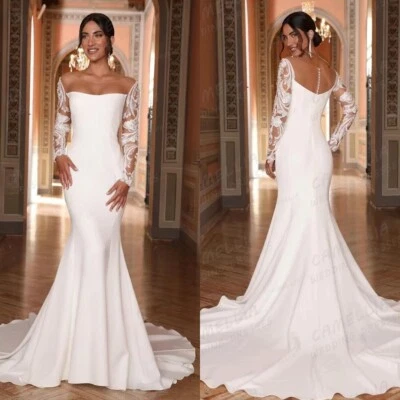 Elegant Mermaid Wedding Dress Scoop Neck Long Sleeved Lace Applique Bridal Gowns - Image 1 of 4