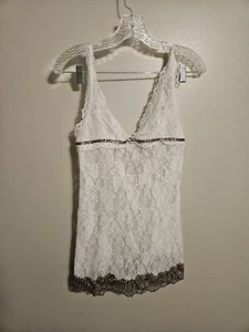 Victorias Secret Babydoll Nightie Leopard Trim Embroidered Bow Lace White Sz L - Picture 1 of 7