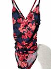 Women's Swimsuit Size L - 1 Piece Cinch-side Pink/Navy/Black Floral Ring In Back