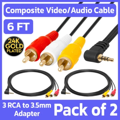2 Pack 3.5mm Mini AV to 3RCA Cable 6ft AV Audio Video Cord TV Camcorder Adapter - Image 1 of 4