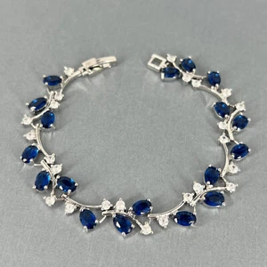 White Gold Plated CZ Marquise Sapphire Something Blue Bracelet Bride Wedding - Bild 1 von 9
