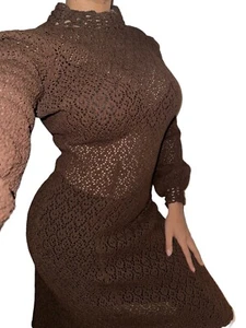 PICARDO KNITS VINTAGE 70s Open Crochet Midi Sweater Dress Brown Long Sleeve M/L - Picture 1 of 8