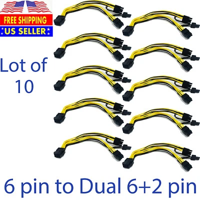 10 pcs PCIE 6 pin Female to Dual PCI-E 8 pin(6+2) Male GPU Cable 8.75 inch 18AWG - Image 1 of 4