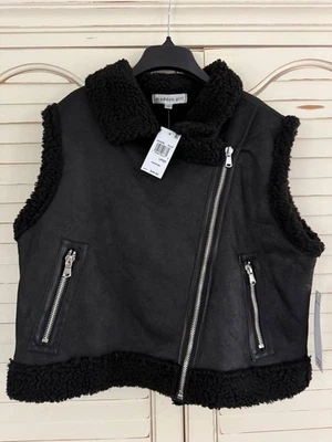 Madden Girl Faux Shearling Vest - Black, Sleeveless, Asym Zip, Women XS-XL - Image 1 of 2