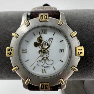 Disney Mickey Mouse Watch Two tone date Brown Leather Band Japan Water Resistant - Picture 1 of 18