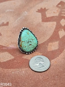 Ring Vintage Native American Sterling Silver Single Large Green Turquoise Stone - Picture 1 of 4