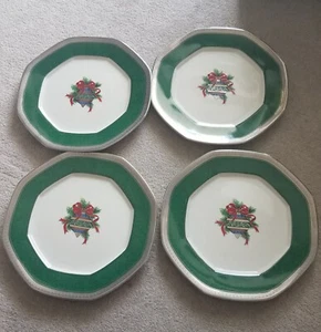 NWT NEW 4 Christmas Green Mikasa Octagon Plates Pine Ornament Silver Rim 2001 - Picture 1 of 6