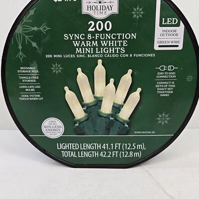 Holiday Time - 200 LED Sync 8 Function Warm White Mini Lights Green Wire 41.1 Ft - Image 1 of 4