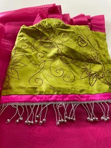 CURTAINS Sheer Tab Top HOT PINK Green Silver Beads GINA Vintage 2000’S FRANKSTON - Picture 1 of 9