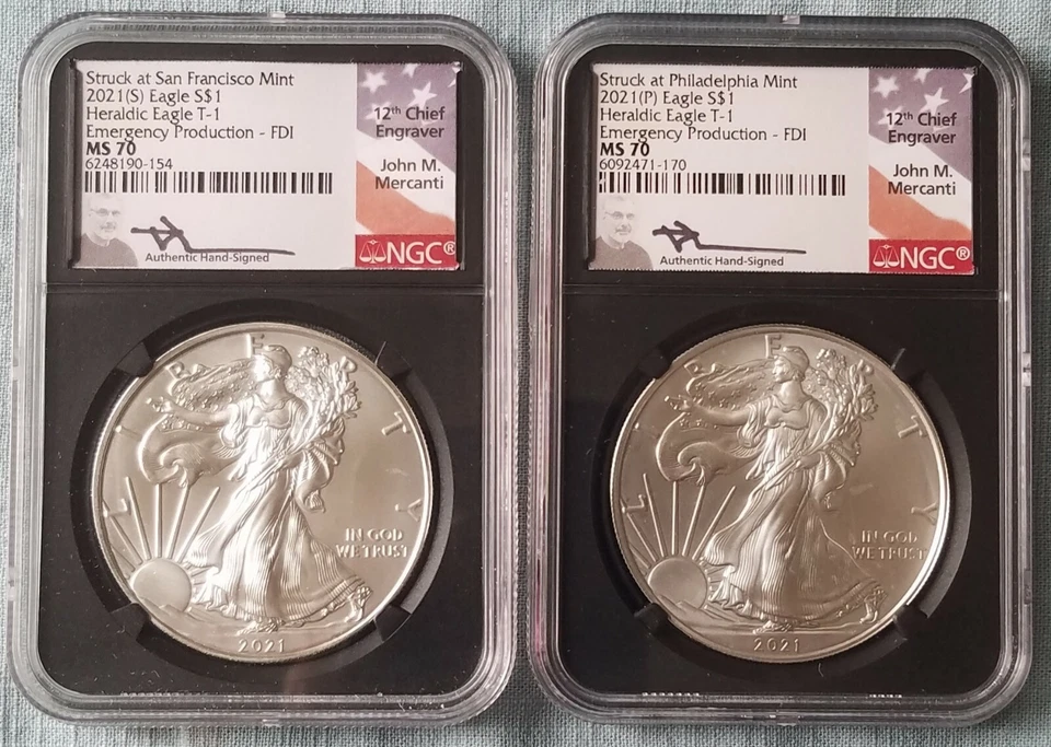 2021 (P) & (S) ASE TYPE 1 MS70 FDOI Struck At San Francisco/Philadelphia 2 coins - Image 1 of 1