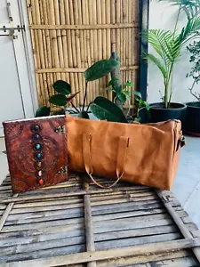 24" Genuine Goat Leather Men's Travel Bag Brown Weekend Free Birthday Gift - Picture 1 of 9