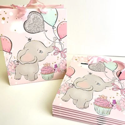 7 Pink Elephant Party Gift Bags Ribbon Handles Girl Baby Birthday Shower 8 x 6” - Image 1 of 4