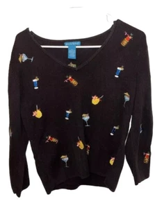 Alexandra Bartlett Woman’s Martini Cocktail Black V Neck Sweater Size L EUC - Picture 1 of 4