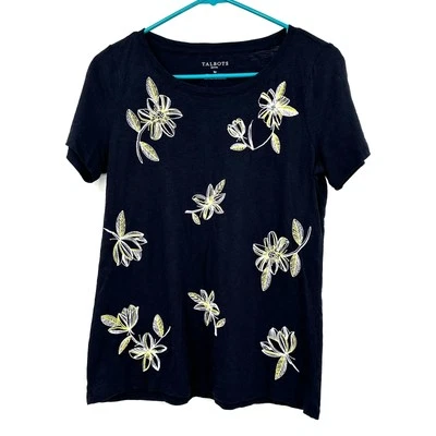 Talbots Size Small Petite Black T-Shirt Embroidered White Yellow Flower Print - Image 1 of 3