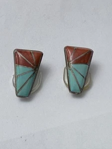 Vintage Sterling Silver Coral and Turquoise Zuni Inlay Clip On Earrings K.E.K. - Picture 1 of 11