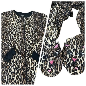 NICK & NORA Pyjama Leopardenmuster Einteiler mit Füßen Damen Medium Katzengesicht Fleece - Bild 1 von 12
