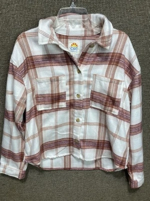 C&C California Womens Flannel Large Waist Length Button Up Red Beige White Soft - Image 1 of 4
