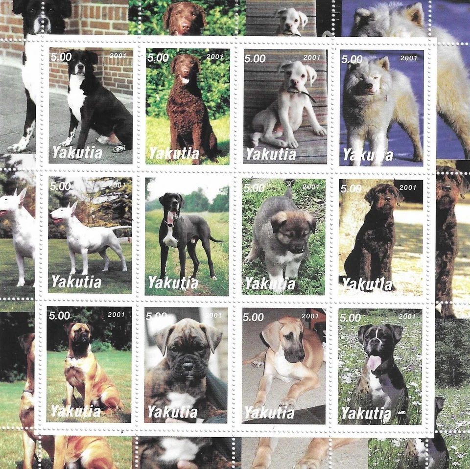 Dogs Bull Terrier Brown Poodle Boxer Great Dane... Sakha Mint Stamp Sheet 2001 - Image 1 of 1