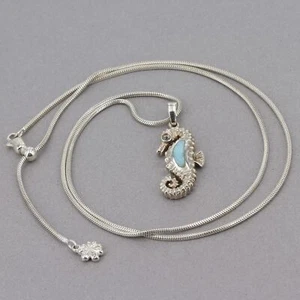 Marahlago Sterling Larimar Seahorse Topaz Eye Pendant Adjustable Chain Necklace - Picture 1 of 6