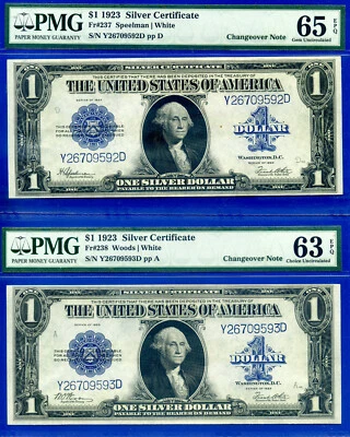 1923 $1 Silver Certificate changeover PMG 65EPQ wanted changeover Fr 237 Fr 238 - Image 1 of 2