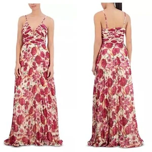 BCBGMAXAZRIA Pleated Floral Maxi Vacation Dress in Red and Cream, Size 10 - Picture 1 of 6