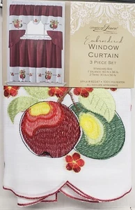 3 Stk. Stickerei Vorhänge Set: 2 Ebenen & Swag (60"x36") GRÜN & ROTE ÄPFEL, Burgund, AL - Bild 1 von 12