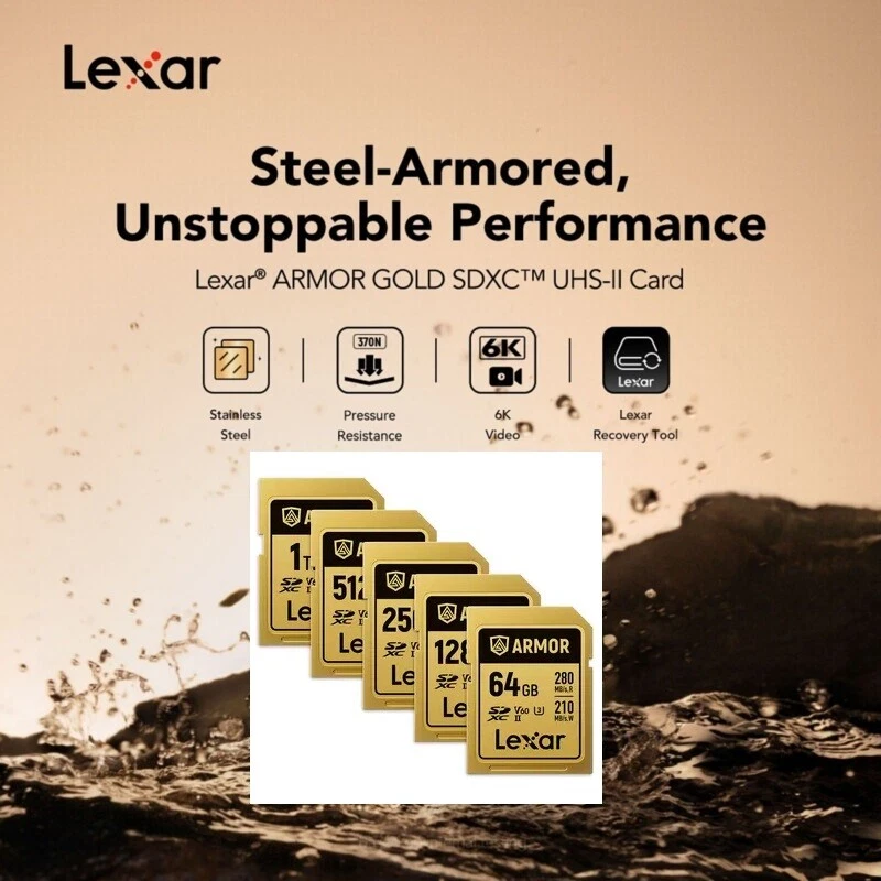 Lexar Professional ARMOR GOLD 64GB 128GB 256GB 512GB 1TB SDHC SDXC SD Card V60 - Image 1 of 1