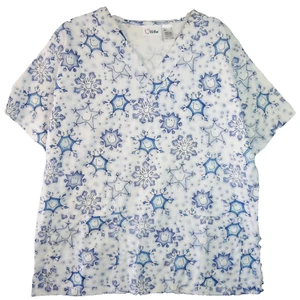 Life Damen Gr. L Medical Smiley Schneeflocken weiß Pullover Scrub Top Taschen - Bild 1 von 12
