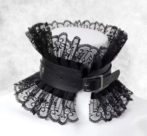 Nuevo Gótico Punk BDSM Negro Cuero PU y Encaje Volantes Hebilla Plateada Gargantilla Cuello - Imagen 1 de 5