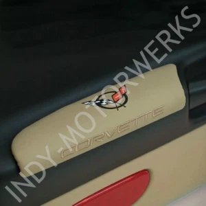 C5 CORVETTE OAK DOOR ARMREST PADS W/ EMBROIDERED CROSS FLAG + SCRIPT 97-04 - Picture 1 of 6