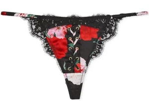 Victoria's Secret Atelier NWT XL Black Satin Lace Trim Thong Panty Floral - Picture 1 of 4