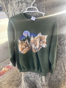 Vtg Wolves Full Moon Art Crewneck Sweatshirt Men m Medium Rare 90s Y2K Green - Picture 1 of 1