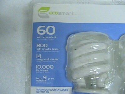 3 NEW 14 WATT 800 LUMENS ECOSMART DAYLIGHT COMPACT FLUORESCENT BULBS 60 WATT EQ - Image 1 of 4