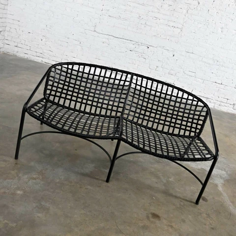 MCM Black Vinyl Webbing & Aluminum Settee Attr Brown Jordan Kantan Tadao Inouye Cover