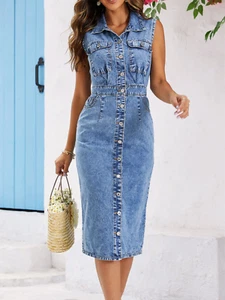 Kleid Damen Jeanskleid Denim Knielang Ärmellos Knopfleiste Eleganz lässig S–XXL - Bild 1 von 12